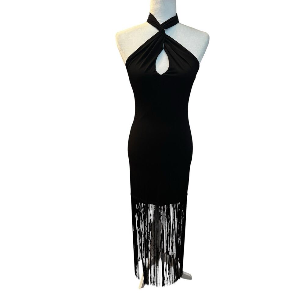 ALICE + OLIVIA Women's Steph Twist-Neck Midi Fringe Dress Black Size 4 NWT Prom